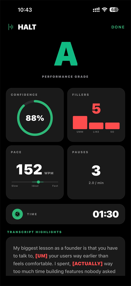 Halt AI analyze screen showing a session grade and coaching insights