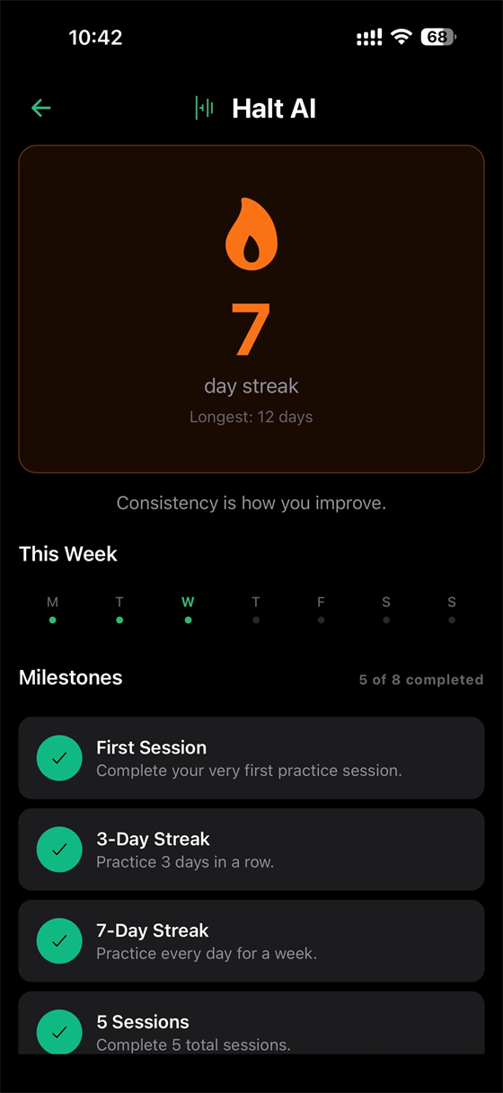 Streak counter and milestones